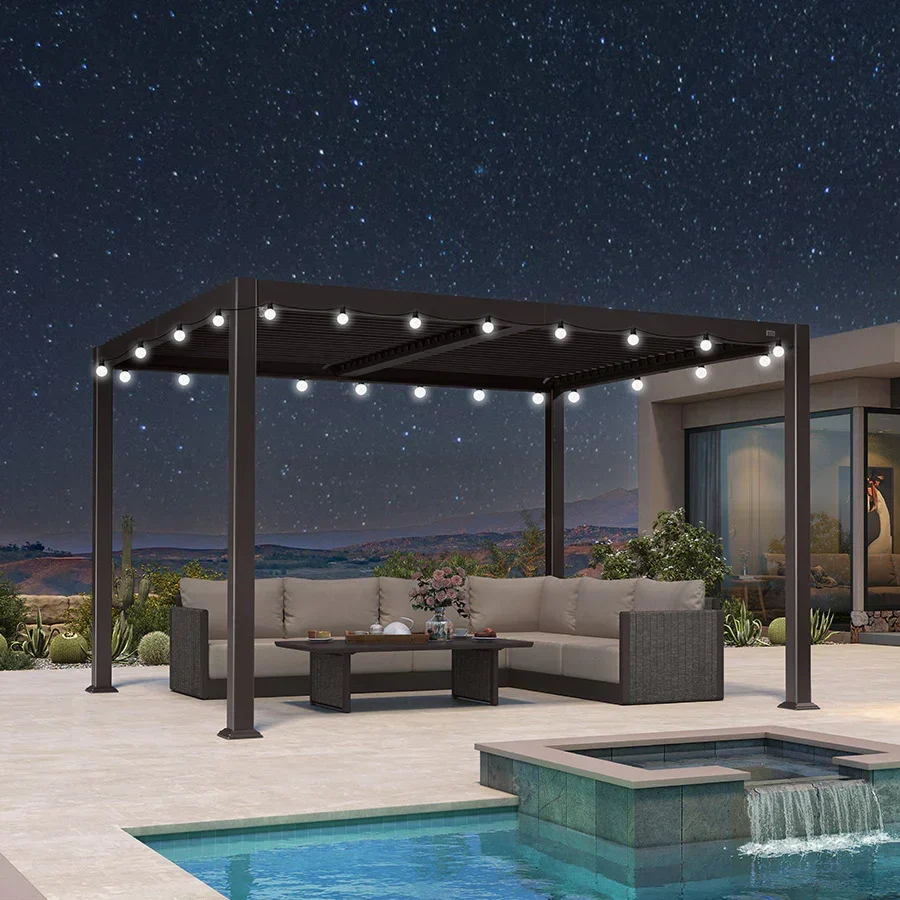 PURPLE LEAF Caesar Louvered Pergola Outdoor Adjustable Louvre Shade Modern Patio Aluminum Pergola with Milky Lights