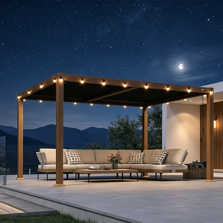 PURPLE LEAF Caesar Louvered Pergola with Yellow Lights Wood Grain Frame Gray Roof Aluminum Pergola with Adjustable Roof Hardtop Gazebo for Outdoor Deck Garden Yard