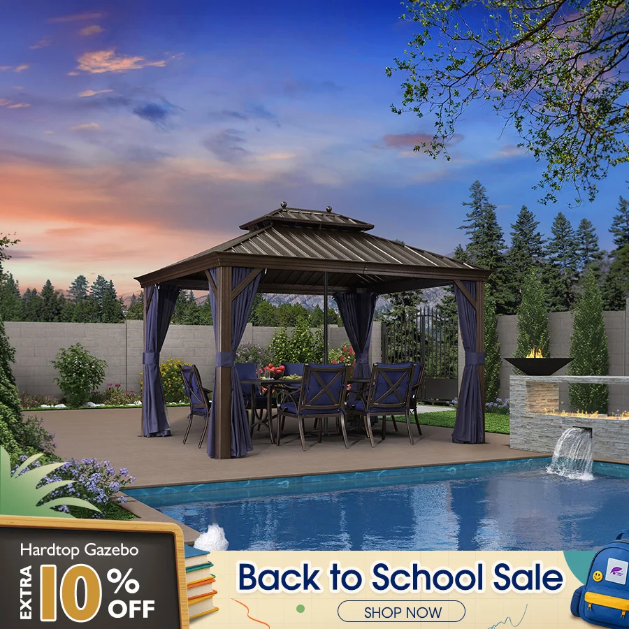 PURPLE LEAF Outdoor Hardtop Gazebo for Patio Bronze Aluminum Frame Pavilion with Navy-Blue Curtain and Reinforced Support Rods