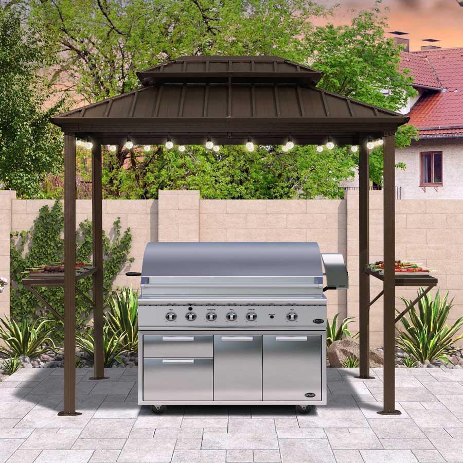 PURPLE LEAF Hardtop Grill Gazebo for Patio Bronze&Grey Permanent Metal Roof Outside Sun Shade Outdoor BBQ Canopy with String Lights